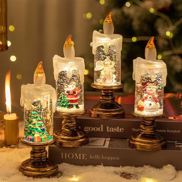 LED Water Snowfall Christmas Candle – Crystal Santa Scene with Falling Snow & Gift Decorations