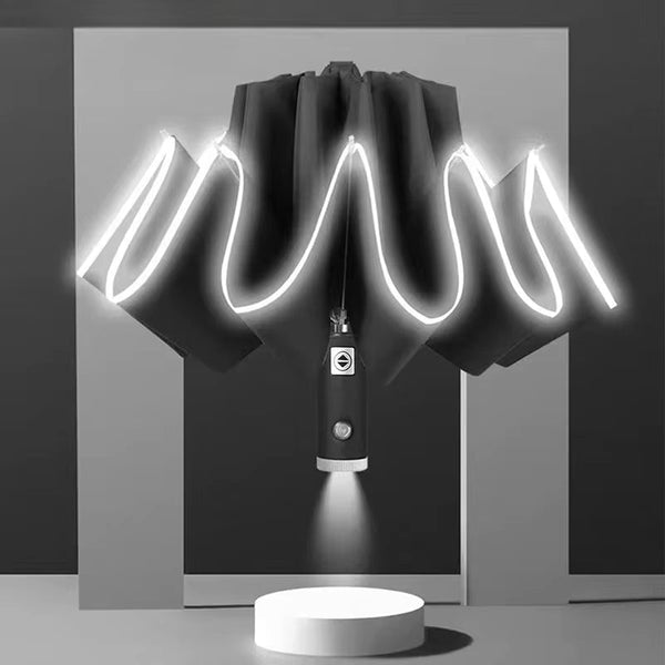 Automatic Folding Umbrella with LED Flashlight – Windproof 10‑Rib Reverse Umbrella with Reflective Strips