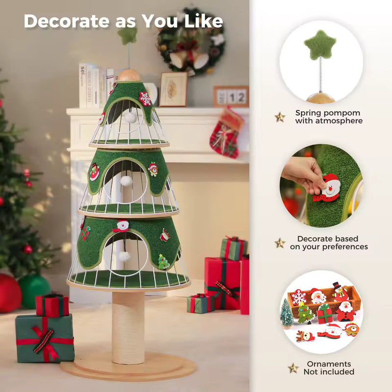 Christmas Cat Tree with 3 Cozy Condos, Scratching Post, Multi-Level Cat Tower