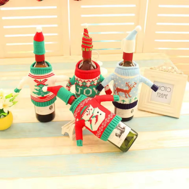 Knitted Christmas Wine Bottle Covers – Festive Sweater Sets for Holiday - Elf Express